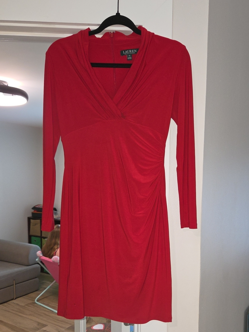 Lauren Ralph Lauren Red V-Neck Long-Sleeve Draped Dress